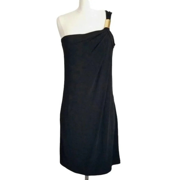 NWT Michael Kors Black & Gold One Shoulder Ring Cocktail Dress - Picture 1 of 5